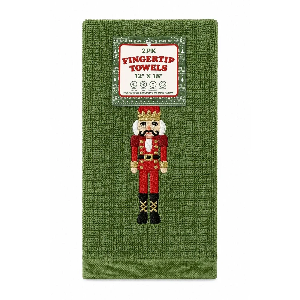Christmas Nutcracker Fingertip Towels Set of 2 Green Cotton Embroidered Holiday